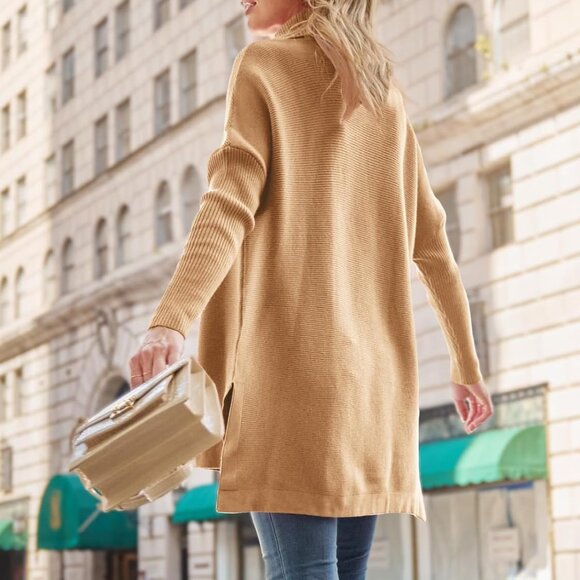 LILLUSORY Women's Khaki Turtleneck Batwing Sleeve Spilt Hem Sweater Large - Picture 7 of 7